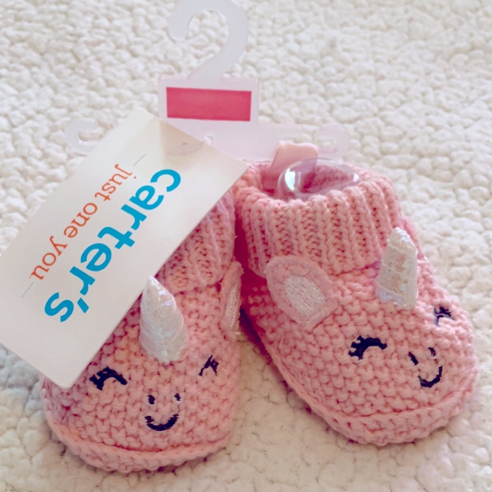 Knitted pink Unicorn baby booties. Carters. New with tags